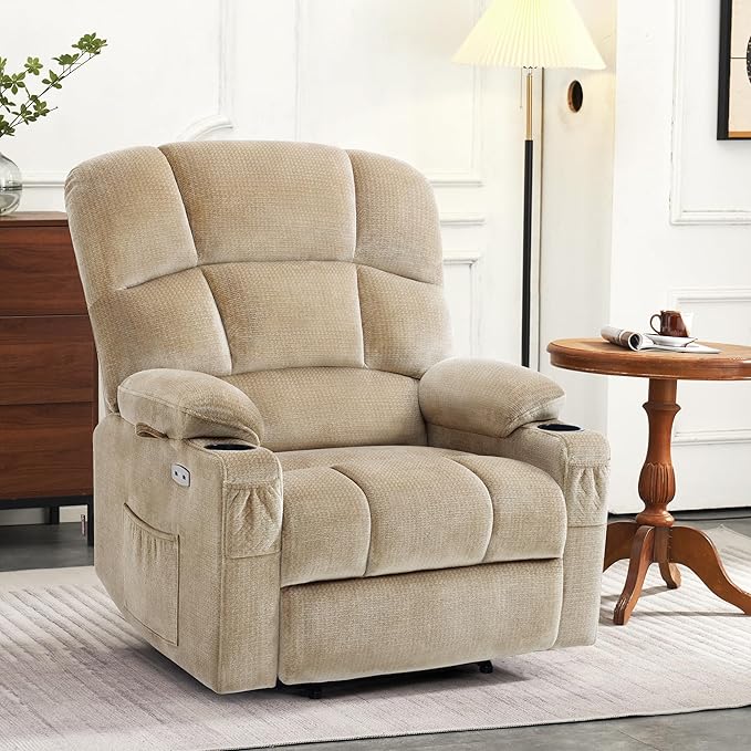 MCombo Oversized Dual Motor Power Lift Recliner Chair Sofa with Massage and Heat for Big Elderly People, Infinite Position, USB Ports, Fabric R7688 (Beige, Large-Oversize)