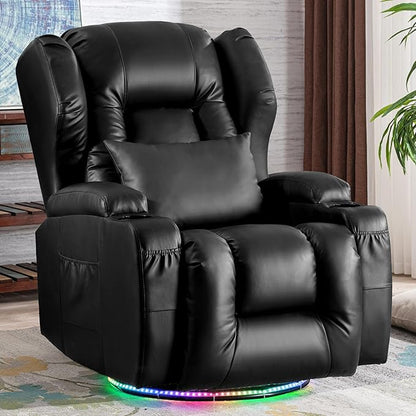 Power Swivel Rocker Recliner Chairs, Electric Wall Hugger Reclining Sofa with Massage & Heat, Comfy Theater Seating Single Chair with LED Light/USB/Type-C Ports (Leather Black, Single Chair)