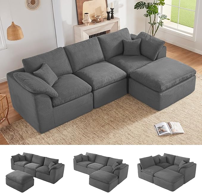 112" Cloud Sectional Couch, Boneless Couches for Living Room, L Shaped Couch with Convertible Ottoman, Modular Sectional Sofa with Deep Seat, Comfy Soft Cushions, No Assembly, Gray