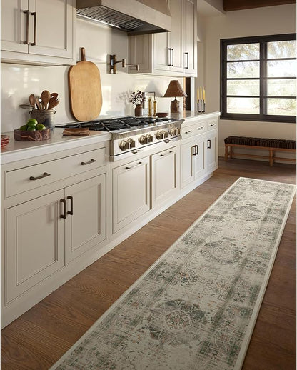 RUGGABLE Washable Vintage Area Rug – Sarrah Sage 6 ft Round, Stain-Resistant, Non-Slip – Medium Machine Washable Rugs for Living Room, Bedroom, Hallway, Entryway & Office–with Cushioned Pad