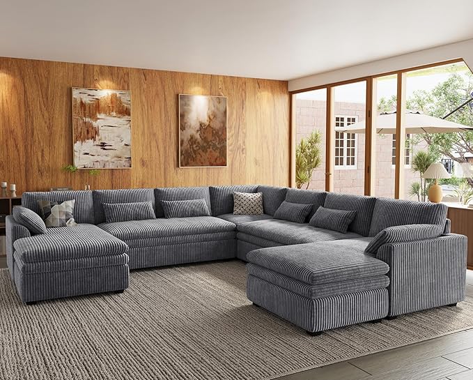 Belffin Large Modular Sectional Sofa with Double Deep Chaise and Loveseat, Corduroy U Shape Couch with 9" Soft Dual-Layer 9 Seats Cushion for Living Room, Apartment, Light Grey