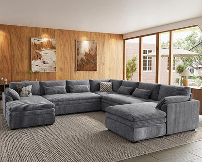 Belffin Large Modular Sectional Sofa with Double Deep Chaise and Loveseat, Corduroy U Shape Couch with 9" Soft Dual-Layer 9 Seats Cushion for Living Room, Apartment, Light Grey