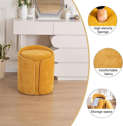 Swivel Vanity Stool with Gold Base Comfy Vanity Chair Modern Round Stool for Makeup Vanity Ottoman Foot Rest for Bedroom livingroom, Yellow
