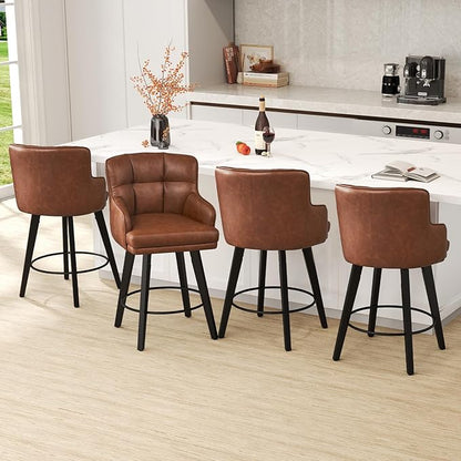 360°Swivel Counter Height Bar Stools with Back, 26 inch Solid Wood Legs, Bar Stool Modern Kitchen Island Chairs, Faux Leather (Brown- Faux Leather, 26" H- Set of 1)