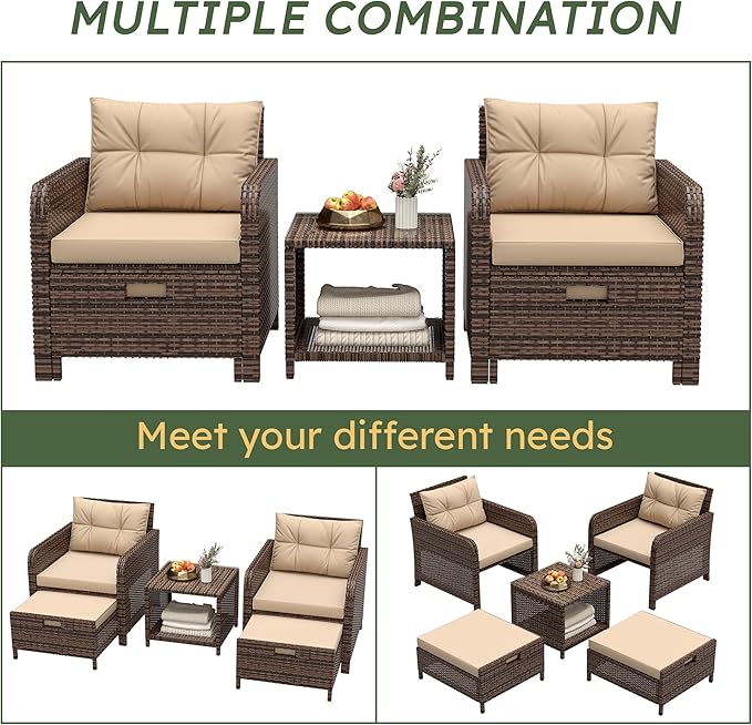 5 Pieces Patio Furniture Set, Hand-Woven Rattan Patio Conversation Set with Soft Cushions & Coffee Table, Outdoor Chairs with Hidden Ottoman for Porch, Lawn, Garden, Balcony, Brown