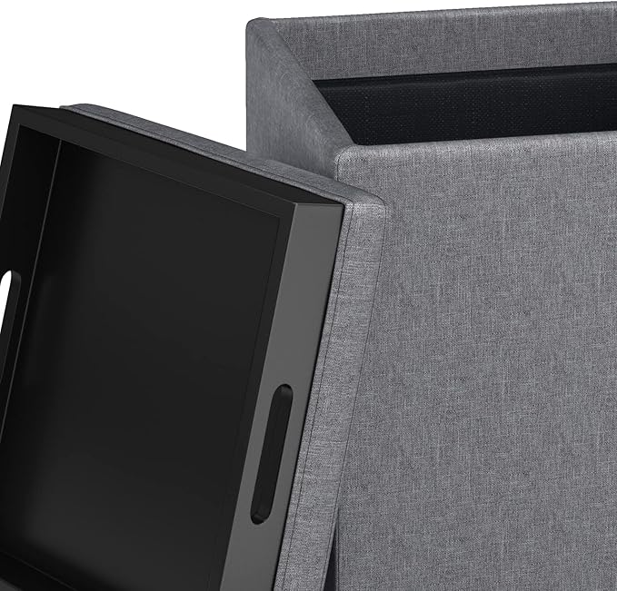 SIMPLIHOME Rockwood 18 inch Wide Contemporary Square Cube Storage Ottoman with Tray in Slate Grey Linen Look Fabric, Assembled, For the Living Room, Entryway and Family Room