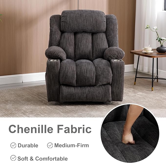 Power Lift Recliner Chair, 350lb Capacity with 8-Point Massage & Heating, USB/Type-C Ports & Cup Holders, Heavy Duty Chenille Recliner for Elderly, Grey