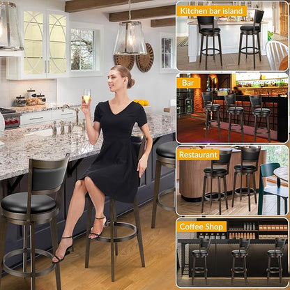 PrimeZone Swivel Bar Stools Set of 8, 26 Inch Counter Height Barstools, Black Faux Leather Bar Stool with High Backrest & Solid Wood Legs & Wrap-around Footrest, Counter Stools for Kitchen Island, Pub