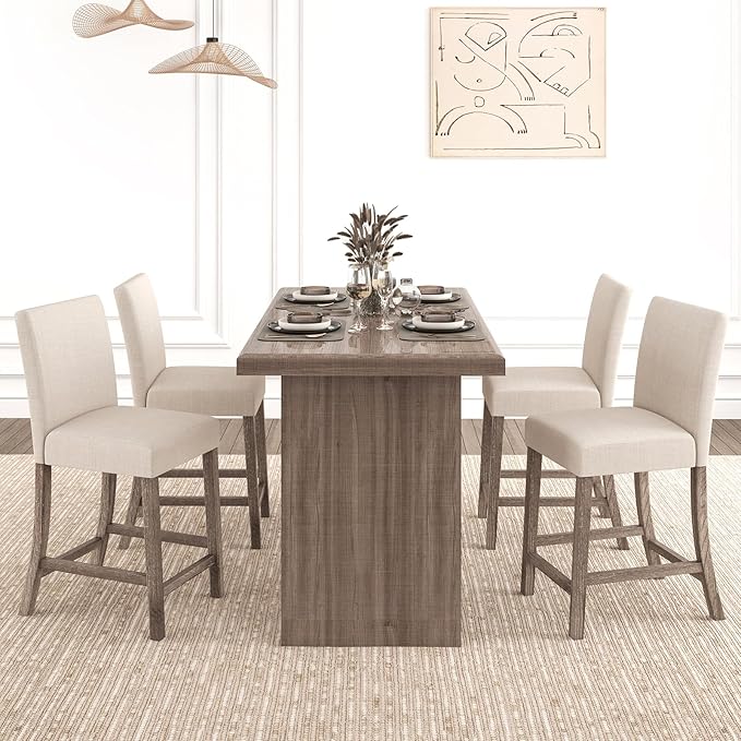COSTWAY Counter Height Bar Stools Set of 2, 24.5’’ Upholstered Mid Century Modern Island Chairs with Rubber Wood Legs, Wooden Barstools for Kitchen, Dining Room, Bar, Restaurant (Beige)