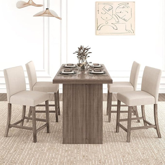 COSTWAY Counter Height Bar Stools Set of 4, 24.5’’ Upholstered Mid Century Modern Island Chairs with Rubber Wood Legs, Wooden Barstools for Kitchen, Dining Room, Bar, Restaurant (Beige)
