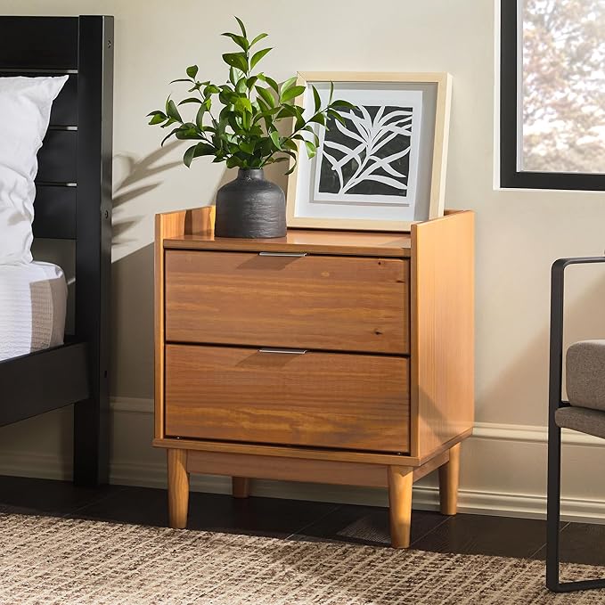 Walker Edison Blythe Mid-Century Modern Tray-Top 2-Drawer Nightstand, 20 Inch, Caramel
