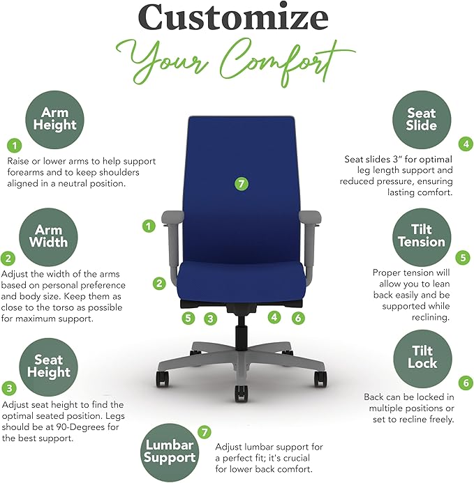 HON Ignition 2.0 Mid Back Task Chair, Spectrum Mesh, Advanced Synchro-Tilt Control, Office Chair with Lumbar Support, Height and Width Adjustable Arms, Titanium Frame, Cobalt