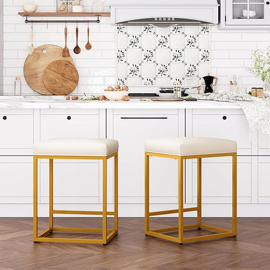 ALPHA HOME 24 Inch Counter Height Bar Stools Set of 2, Upholstered Bar Stools for Kitchen Island, Counter Stools with Faux Leather Cushion and Sturdy Metal Frame, Modern Barstools, White and Gold