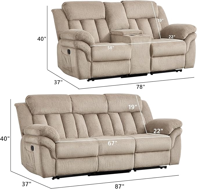 CANMOV Recliner Sofa Set,Manual Recliner Loveseat and 3-Seat Sofa with Overstuffed Armrest for Living Room,Bedroom Furniture,Office,Light Brown,2+3 Seat