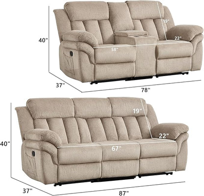 CANMOV Recliner Sofa Set,Manual Recliner Loveseat and 3-Seat Sofa with Overstuffed Armrest for Living Room,Bedroom Furniture,Office,Light Brown,2+3 Seat