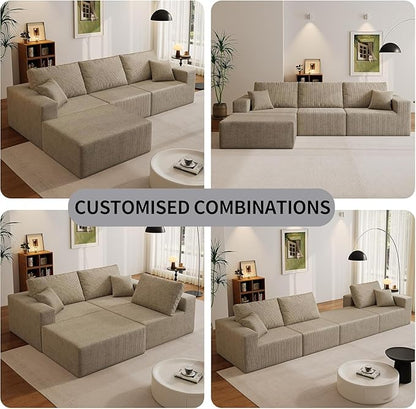 110" Boneless Cloud Sectional Couch for Living Room, Compressed Modular L-Shaped Sofa with Deep Seat, Frameless Corduroy Couch in Boxes, No Assembly Required 3-Seater (Right-Facing Chaise, Grey)