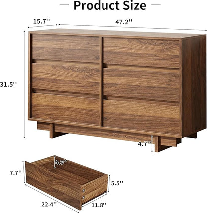 Walnut Dresser for Bedroom, 47" Wide 6 Drawer Dresser, Mid Century Modern Dressers Chest of Drawers, Wooden Large Dressers for Bedroom, Closet