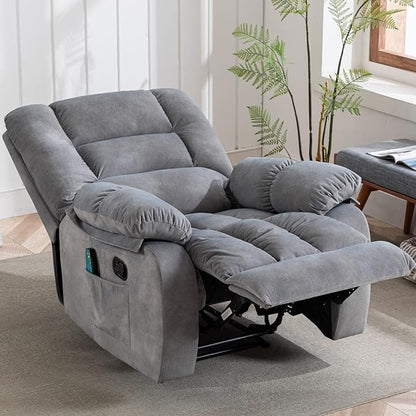 ANJHOME Massage Recliner Chairs with Heat and Vibration,Overstuffed Manual Rocking Reclining Chair for Living Room Bedroom (Light Grey)