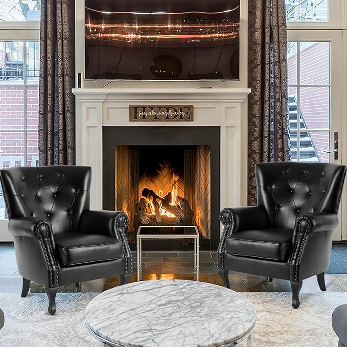 MOJAY PU Leather Accent Chair Set of 2, Modern Armchair Living Room Chair, Upholstered Club Chair with Rivet Trim, Mid-Century Sofa Chair with Sturdy Wood Legs for Bedroom (Black)