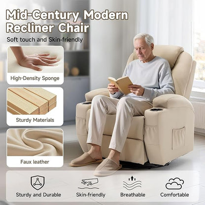Recliner Chair, Rocking Chair with Massage and Heat, 360° Swivel Recliner Chairs for Adults, Rocker Manual Recliner with Remote Control and Cup Holder for Living Room, Bedroom, Nursery