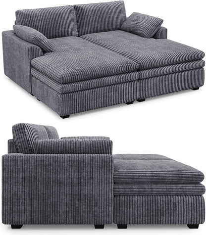 Belffin Large Modular Sectional Sofa with Deep Chaise, 73.6" Corduroy L Shaped Couch with 9" Soft Dual-Layer Seats Cushion for Living Room, Apartment, Light Grey