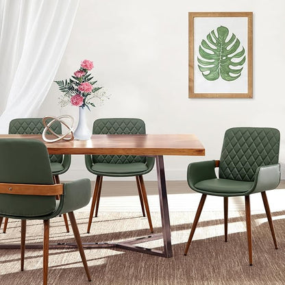 LUNLING Mid Century Modern Faux Leather Dining Chairs Set of 4,Green Upholstered Seat,Metal Legs,Adjustable Foot for Kitchen Dining Room Desk Chairs