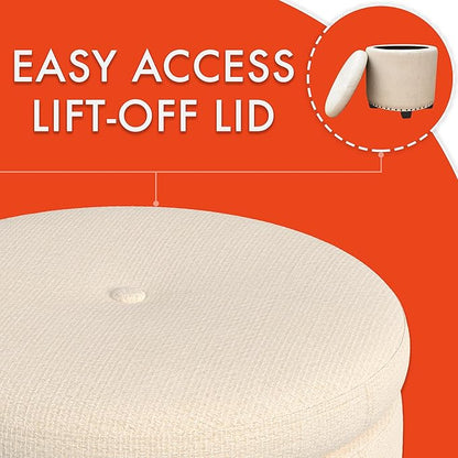 HomePop Home Decor | Upholstered Round Storage Ottoman with Nailheads| Ottoman with Storage for Living Room & Bedroom, Cream Woven