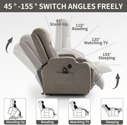 PELUMY Manual Lift Recliner Chair for Elderly with Massage & Heat, Oversized Heavy Duty 350 lbs Recliner with Cup Holders & USB Ports, Infinite Positioning Lift Chair for Adults (Linen Fabric, Brown)