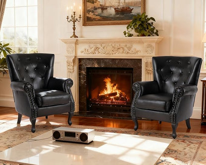 Modern Accent Chair Set of 2, Mid-Century PU Leather Armchair with Solid Wood Legs, Single Sofa Chair for Living Room, Bedroom, Leisure Room, or Reading Room(Black)