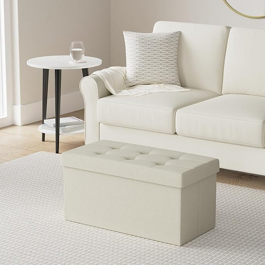 SONGMICS MAZIE Collection - 30 Inches Folding Storage Ottoman Bench, Ottoman Foot Rest, End of Bed Bench, Storage Chest, Load 660 lb, for Living Room, Bedroom, Entryway, Cream White ULSF47BE