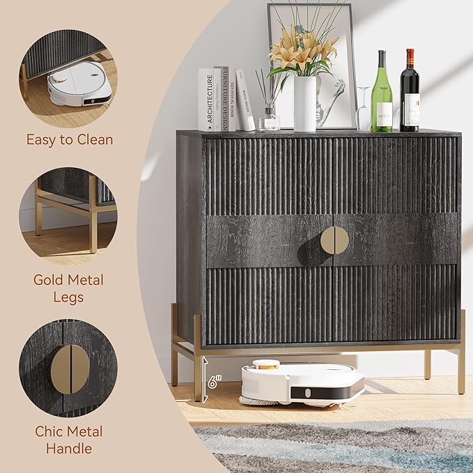 Fluted Sideboard Buffet Cabinet, Modern Credenza with Metal Gold Legs, Wood Accent Sideboard with Storage for Living Room, Dining Room, Kitchen, Entryway(Darkgrey)
