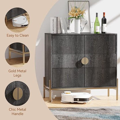 Fluted Sideboard Buffet Cabinet, Modern Credenza with Metal Gold Legs, Wood Accent Sideboard with Storage for Living Room, Dining Room, Kitchen, Entryway(Darkgrey)