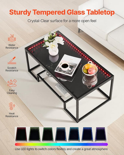 VEVOR Coffee Table, Modern Tempered Glass Coffee Table with Lighting, 2 Tiers Rectangle Glass Center Desk with Open Storage, Minimalist Metal Accent End Desk for Living Room, Office, Easy Assembly