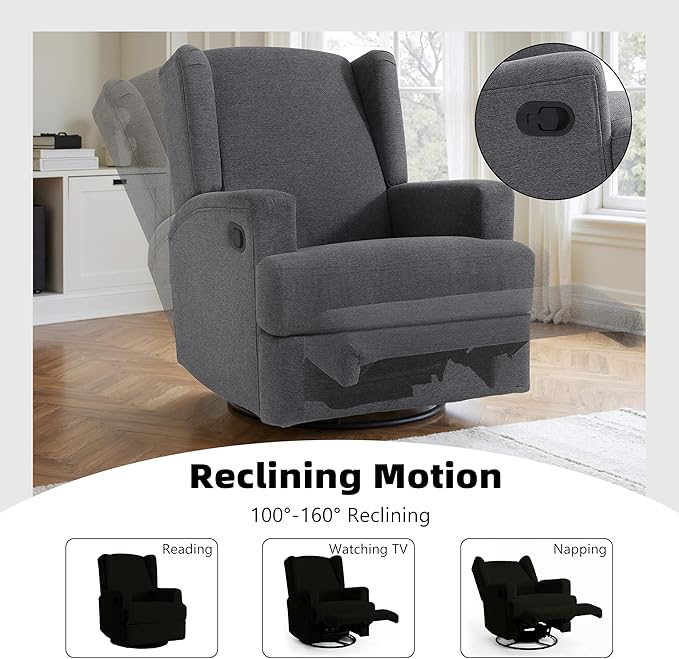 Swivel Glider Recliner Chair for Adults with Deep Seat - High Back Rocker Reclining Accent Chair, Manual Recliner for Living Room & Nursery, Comfortable Upholstered Fabric Armchair-Gray