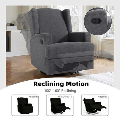 Swivel Glider Recliner Chair for Adults with Deep Seat - High Back Rocker Reclining Accent Chair, Manual Recliner for Living Room & Nursery, Comfortable Upholstered Fabric Armchair-Gray