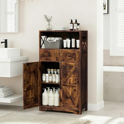 SUPER DEAL Farmhouse Storage Cabinet, Bathroom Floor Cabinet Kitchen Pantry with Doors and Drawers, Hutch Cupboard for Laundry, Living Room, Bedroom, Rustic Brown