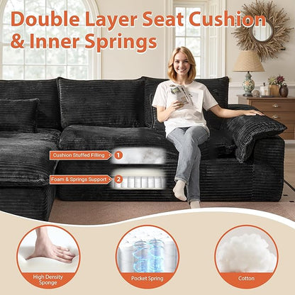 113 in Oversized Cloud Sofa with L Shape Chaise, Sectional Couches for Living Room, Assembly Free Modular Comfy Corduroy Sofa with Left Facing Chaise Longue for Home Apartment (Left Chaise, Black)