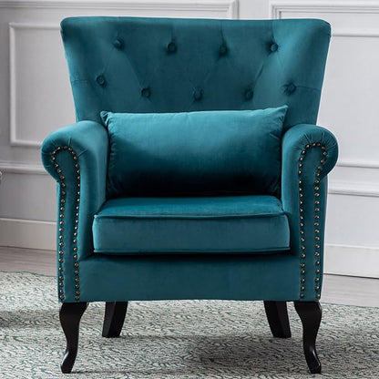 Mid Century Modern Accent Chair Upholstered Armchair Comfy Velvet Fabric Single Sofa with Tufted Wingback for Small Spaces Bedroom Living Room, Teal