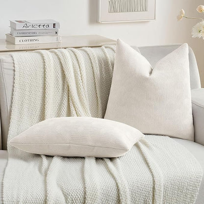 FUTEI Cream Chenille Decorative Throw Pillow Covers 16x16 Inch Set of 2,Soft Cozy Striped Geometric Patterns Cushion Cases,Modern Home Decor for Couch Bed Living Room
