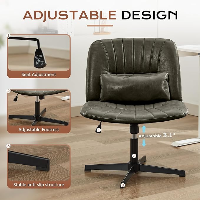URRED Criss Cross Office Chair, Armless Cross-Legged Desk Chair with Fixed Legs, Height Adjustable Wide Seat Task Vanity Chair for Home Office or Bedroom (Green)