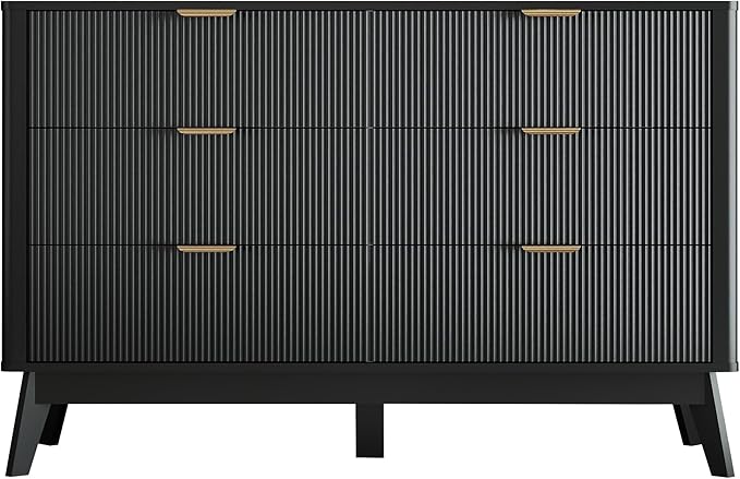 Fluted Dresser for Bedroom,49.6'' Modern Wooden Dresser with 6 Drawers, Bedroom Dressers, Natural Wood Chest of Drawers for Living Room, Hallway (Black)