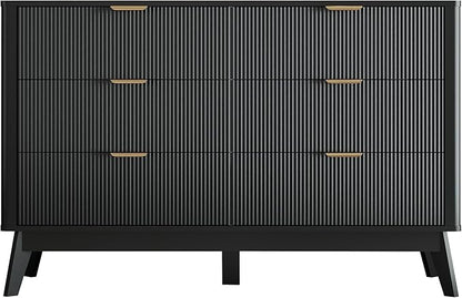 Fluted Dresser for Bedroom,49.6'' Modern Wooden Dresser with 6 Drawers, Bedroom Dressers, Natural Wood Chest of Drawers for Living Room, Hallway (Black)