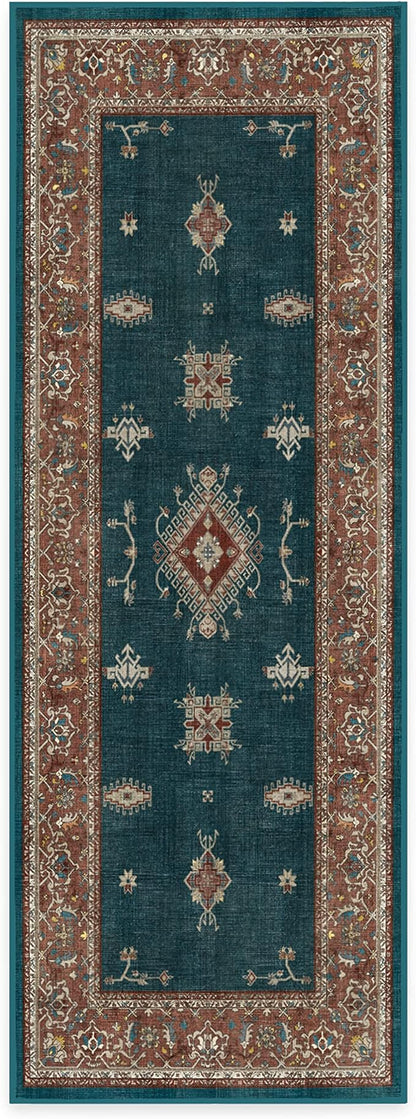 RUGGABLE Washable Vintage Runner Rug – Verena Teal Blue 2.5x7, Stain-Resistant, Non-Slip Hallway Runner – Machine Washable Rug for Hallway, Entryway, Living Room & Kitchen–with Standard Pad