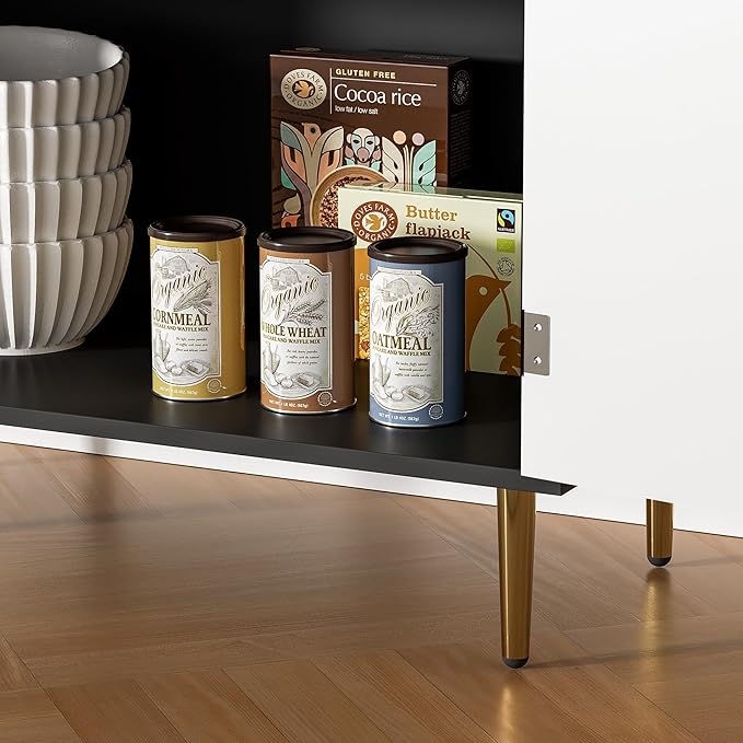Buffet Sideboard Cabinet [Set of 2] with 4 Doors, Modern Cabinet with with Adjustable Shelf, Golden Handles & Legs, Coffee Bar Sideboard for Kitchen, Living Room, Black & White