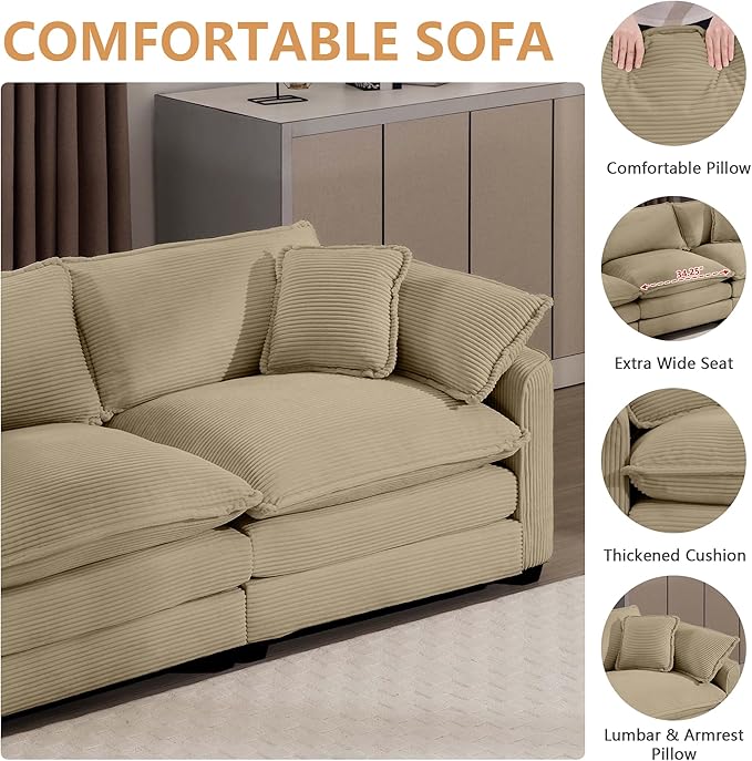 mikibama Luxury 2 Piece Sofa Set, Loveseat Couch & Sofa Armchair Set, Modern Corduroy Comfy Cloud Couches Set for Living Room Office with 2 Armrest Pillows and 3 Toss Pillows, Camel