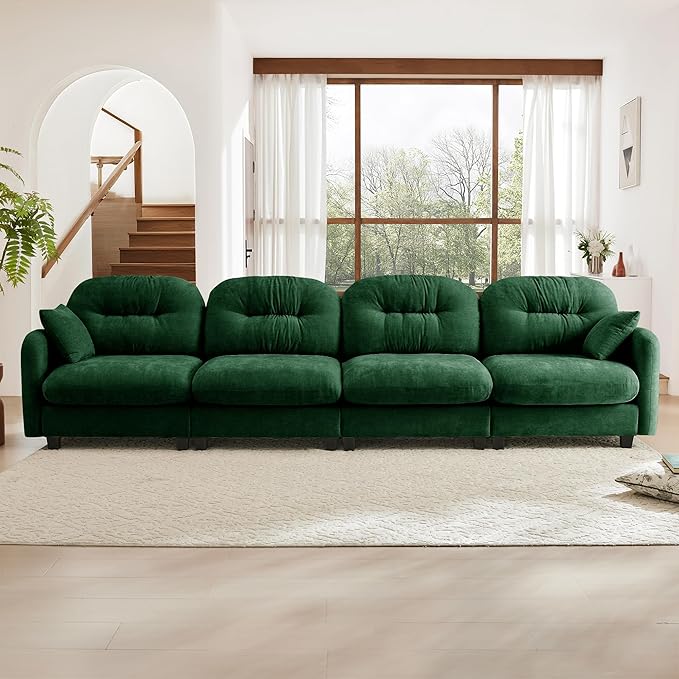 140" 4 Seater Couch for Living Room, Comfy Chenille Fabric Cloud Sectional Couch, Modern Upholstered Deep Seat Sofa with Armrest Pillow, Oversized Sectional Sofa, Green