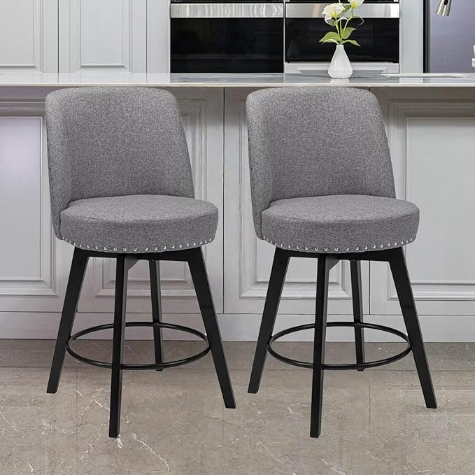 MINCETA Bar Stools Set of 2, 26 Inch Upholstered Barstools with High Back and Footrest, Swivel Counter Height Barstools for Kitchen Island Home Bar Gray