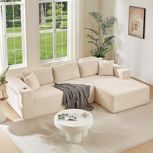 108" Boneless Couch, Cloud Couch Modular Sectional Sofa with Deeper Seat, L-Shaped Sofa with 4 Storage Pockets, Comfy Corduroy Couches for Living Room (Right Facing Chaise, Beige)