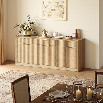 Evermagin 67" Fluted Oak Sideboard Buffet Cabinet with 3 Drawers, Modern Credenza with Storage, Console Coffee Bar Cabinet for Kitchen, Living Room and Entryway (67" W x 31.5" H x 15.7" D)