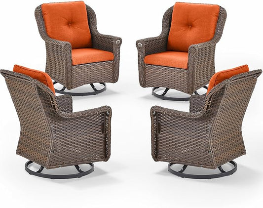 Patio Chairs Outdoor Swivel Glider - Set of 4 High Back Outside Brown Wicker Rattan Rocking Chair with Thick Cushion for Porch Apartment Deck Yard Poolside Garden - Orange